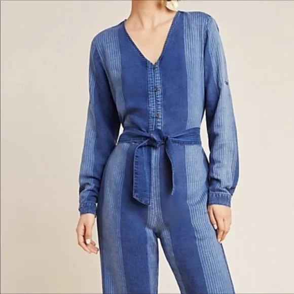 NEW Cloth & Stone Laney Chambray Jumpsuit Romper Denim Jeans Patchwork - Picture 2 of 10